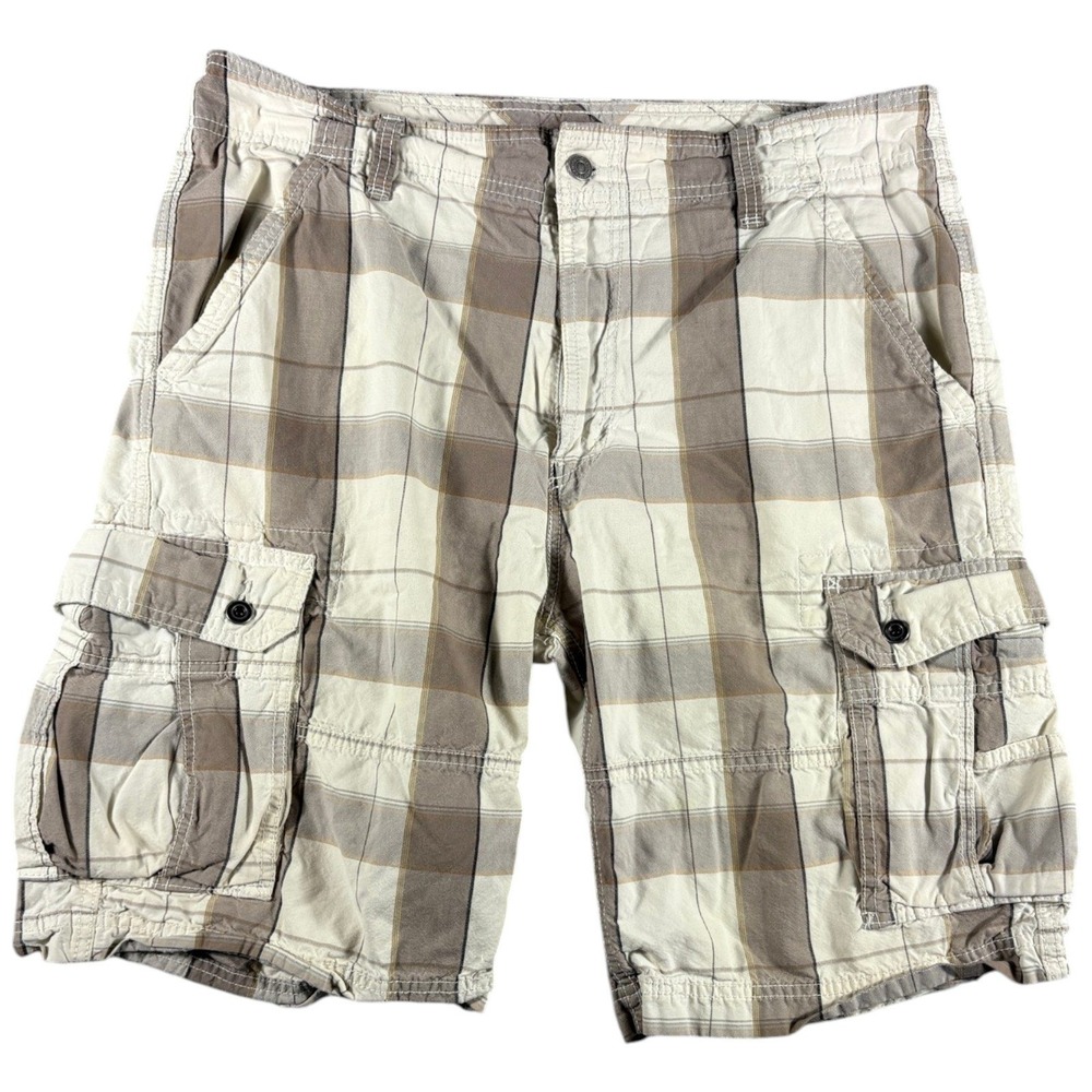 Levi's Cargo Shorts Mens Size 38 Tan Cream Plaid Relaxed Fit Y2K Grunge‎ 90s
